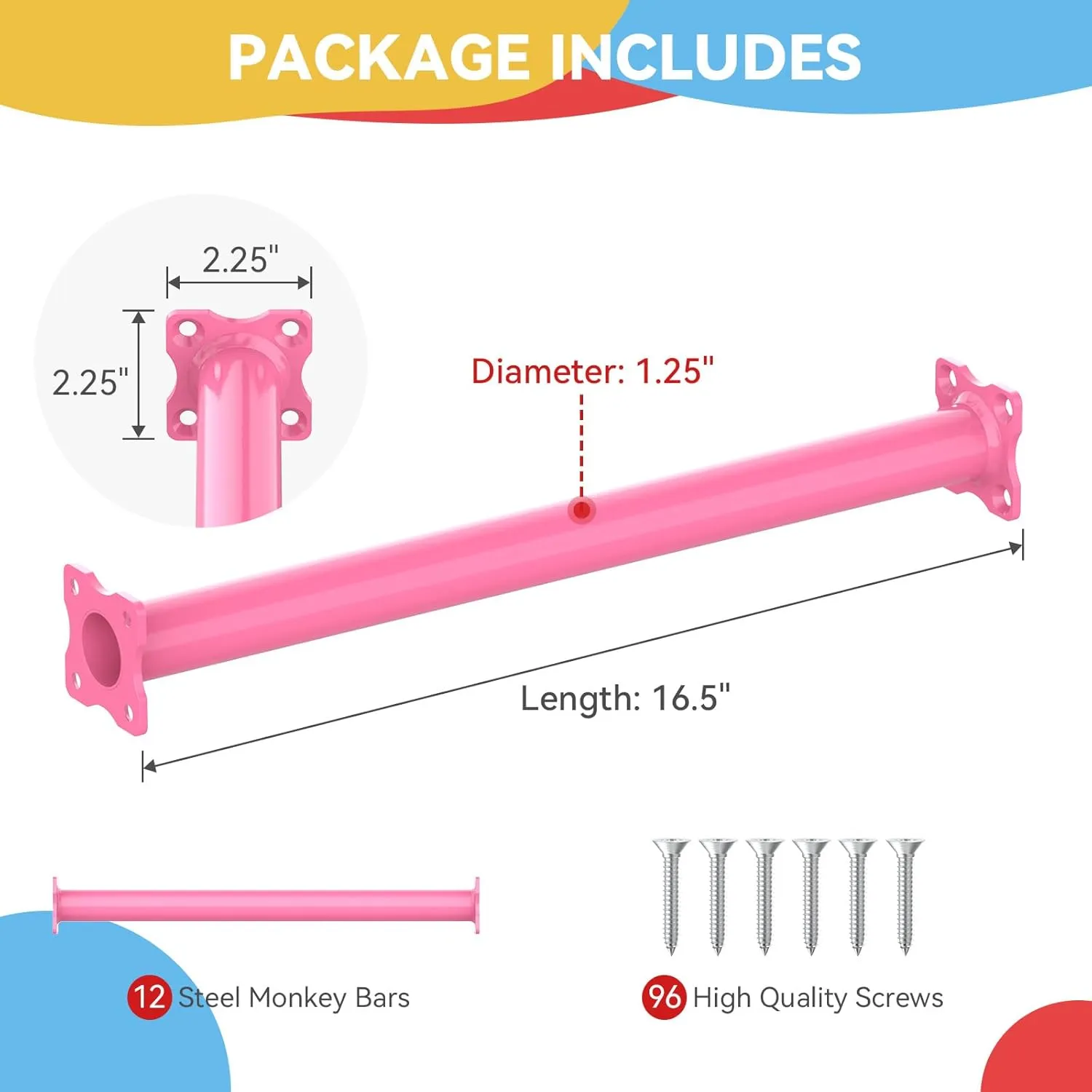 16.5 Inch Monkey Bars Kit Playground Ladder Rungs for Backyard Indoor Outdoor Kids Metal Bars Swing Set Playset Accessories (Pink, 12 Pcs)