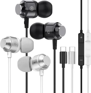 2 Pack USB C Headphones,USB C Wired Earphones with Microphone,Type C Earbuds Compatible with iPhone 15 Pro Max Plus iPad Pro Pixel 8 7 6,Samsung Galaxy S23 Ultra S22 S21 FE S20 A53 A54