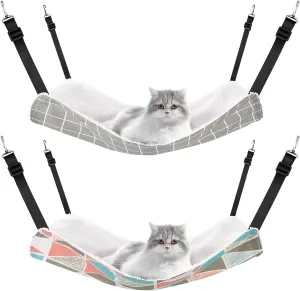 2 Pieces Reversible Cat Hanging Hammock Soft Breathable Pet Cage Hammock with Adjustable Straps and Metal Hooks Double Sided Hanging Bed for Small Dogs Rabbits(Geometry Pattern,L)