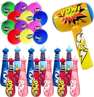 4E's Novelty 25 Piece Set Inflatable Baseball Bats with Pow Design, 12 Punch Balloons for Kids, 1 Huge 30" Bopper for Super Hero Birthday Bat, Carnival Prizes, and Baseball Bat Blow Up Fun, Ages 3 