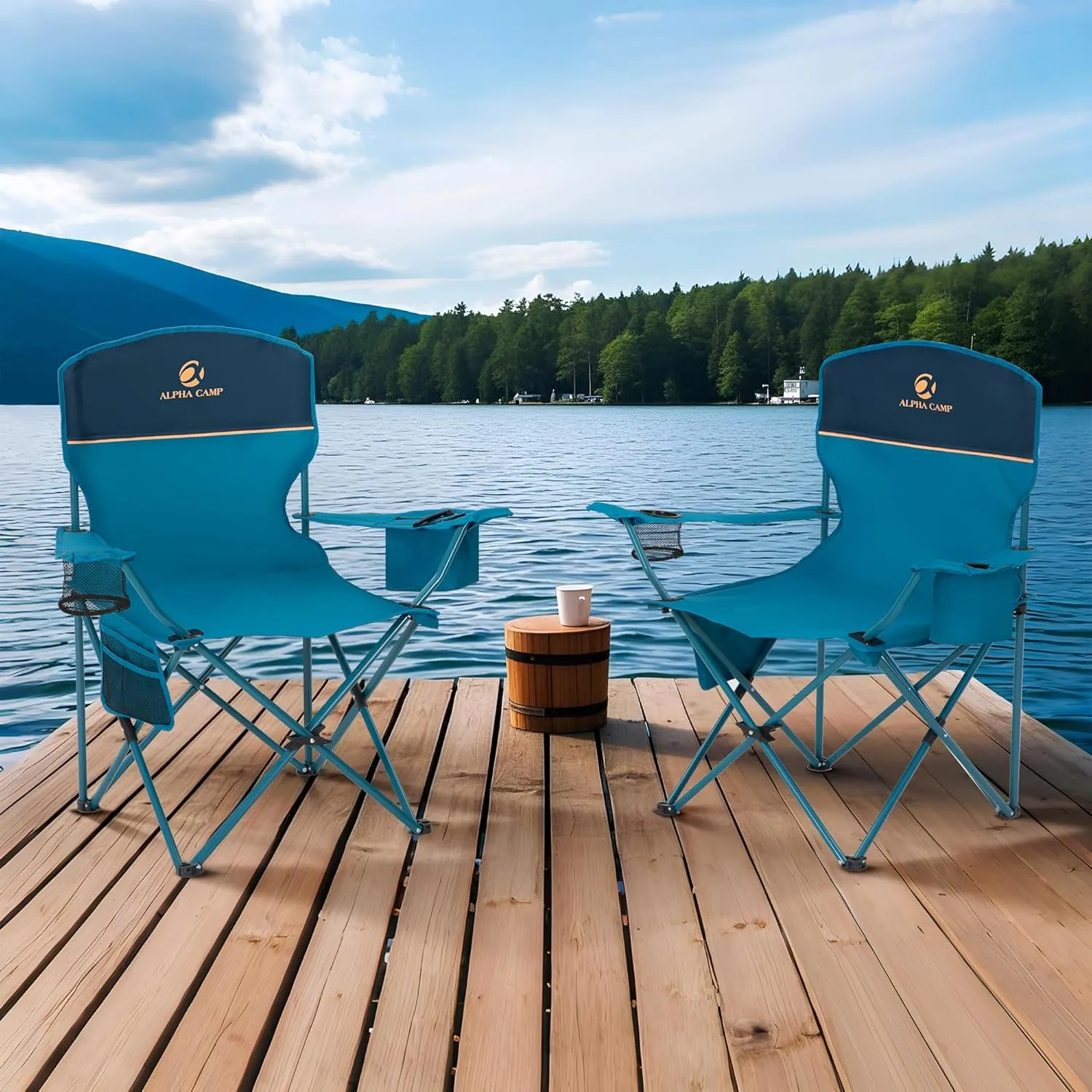 ALPHA CAMP Camping Chair 2 Pack Portable Chair with 3-Can Cooler Folding Chair with Side Pocket and Cup Holder, Collapsible for Camping, Tailgates, Beach, Fishing and Sports,2PC