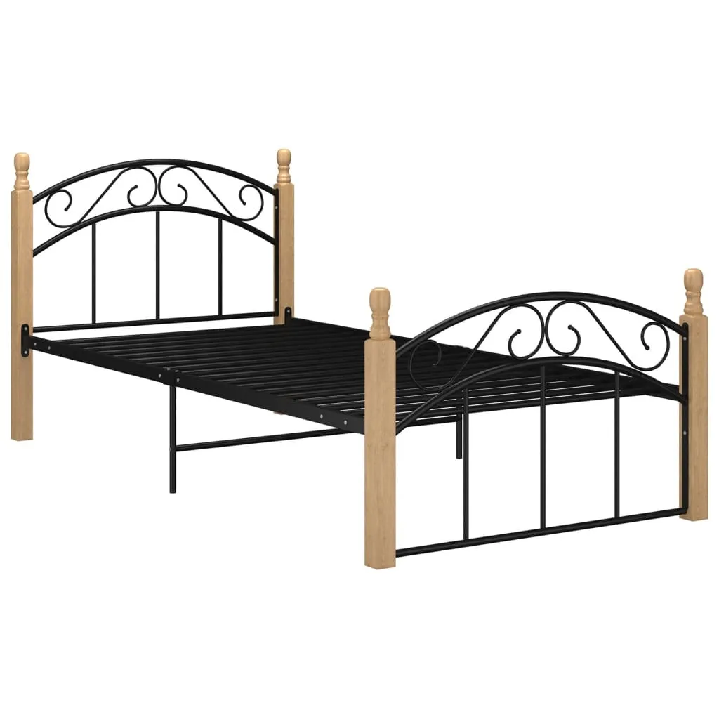 Bed Frame Black Metal and Solid Oak Wood 100x200 cm