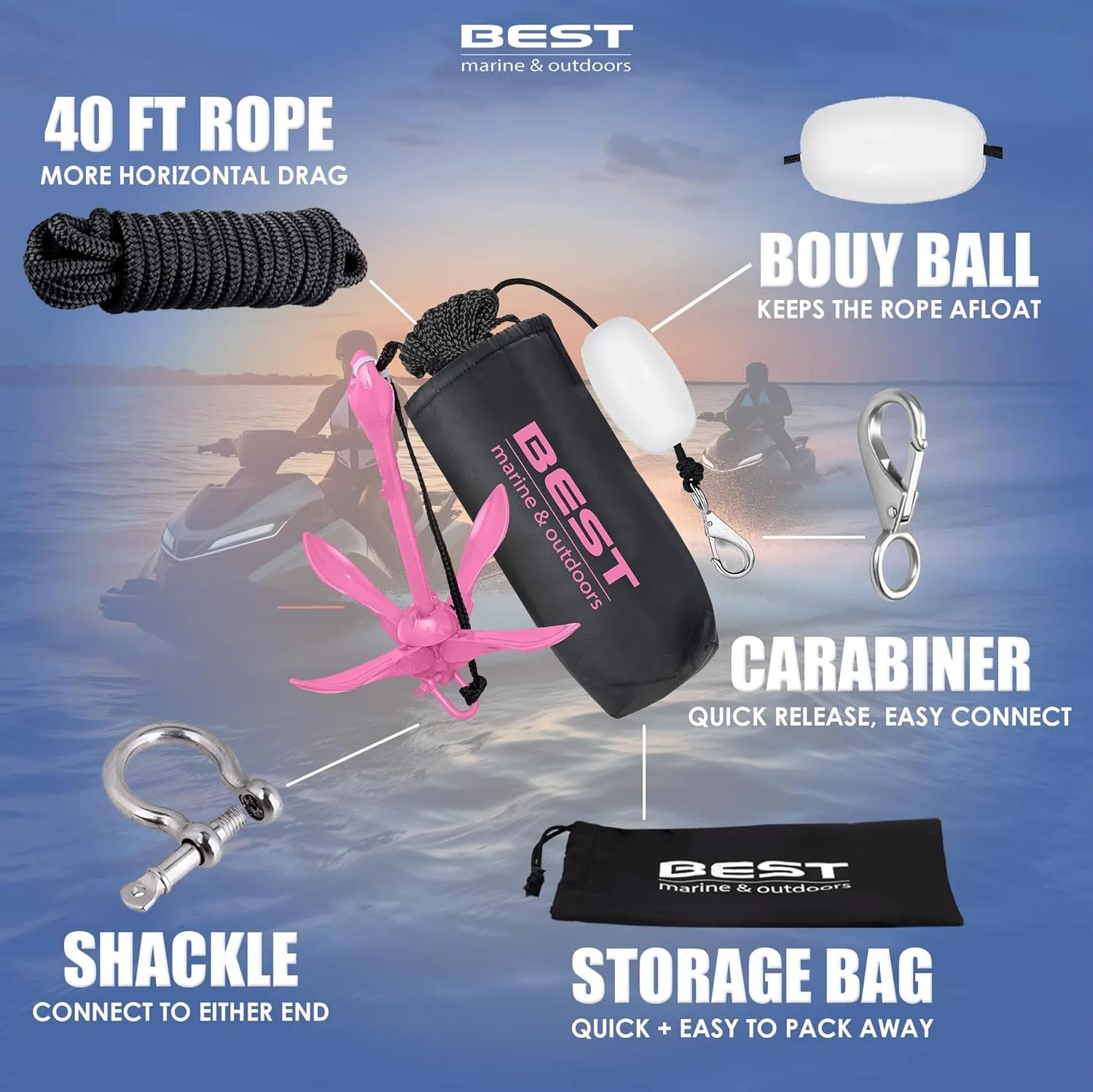 Best Marine and Outdoors Kayak Anchor, 3.5 Pound Anchor System Kit for Kayaks, Canoes, SUP Paddle Boards & Jet Skis, Fishing, Boating & Kayaking Accessories