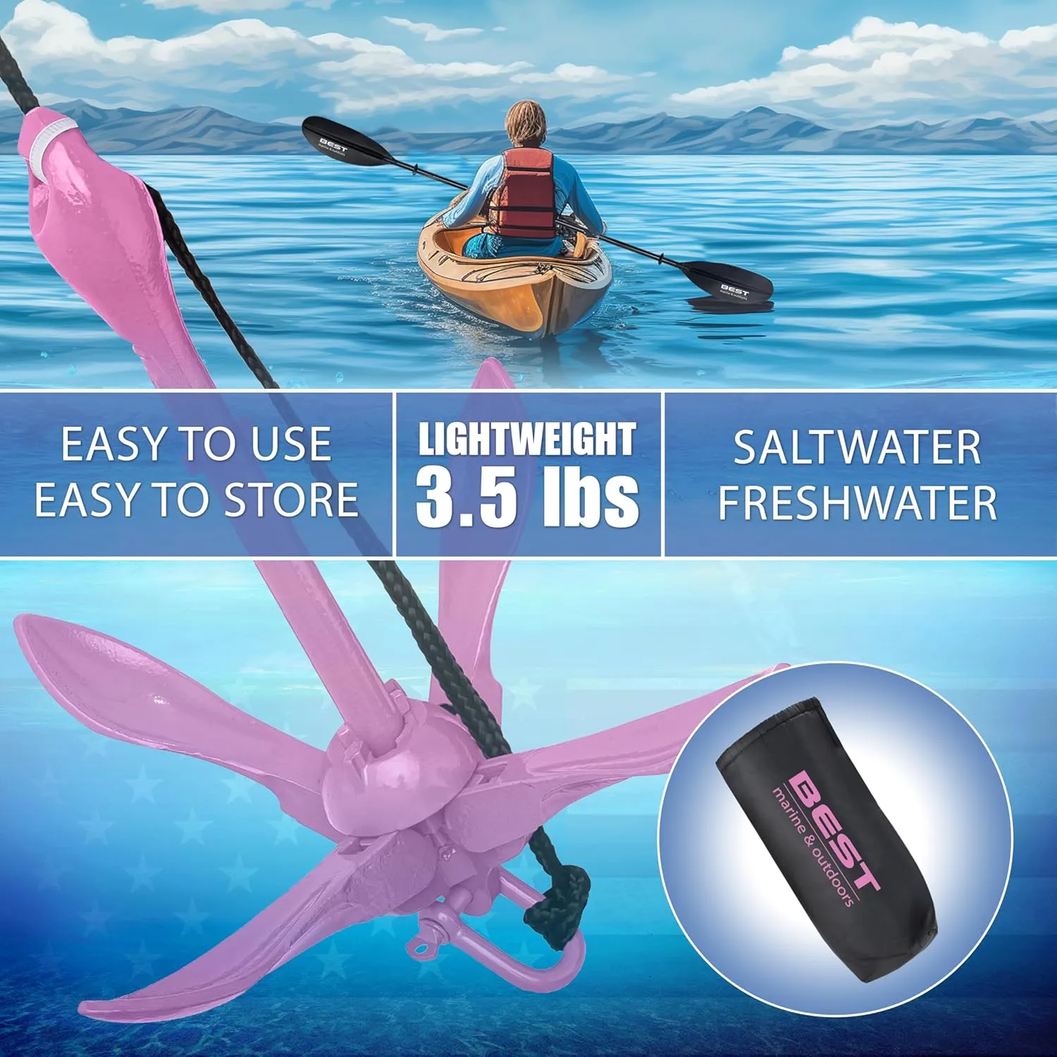 Best Marine and Outdoors Kayak Anchor, 3.5 Pound Anchor System Kit for Kayaks, Canoes, SUP Paddle Boards & Jet Skis, Fishing, Boating & Kayaking Accessories