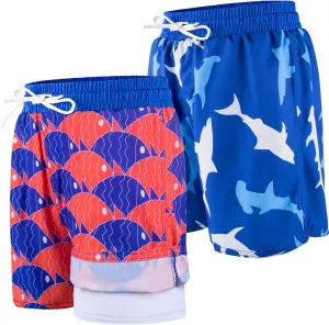 BIG ELEPHANT 2 Packs Boys Swim Trunks with Compression Liner, UPF 50  Kids Bathing Suit, Quick Dry Swimming Shorts