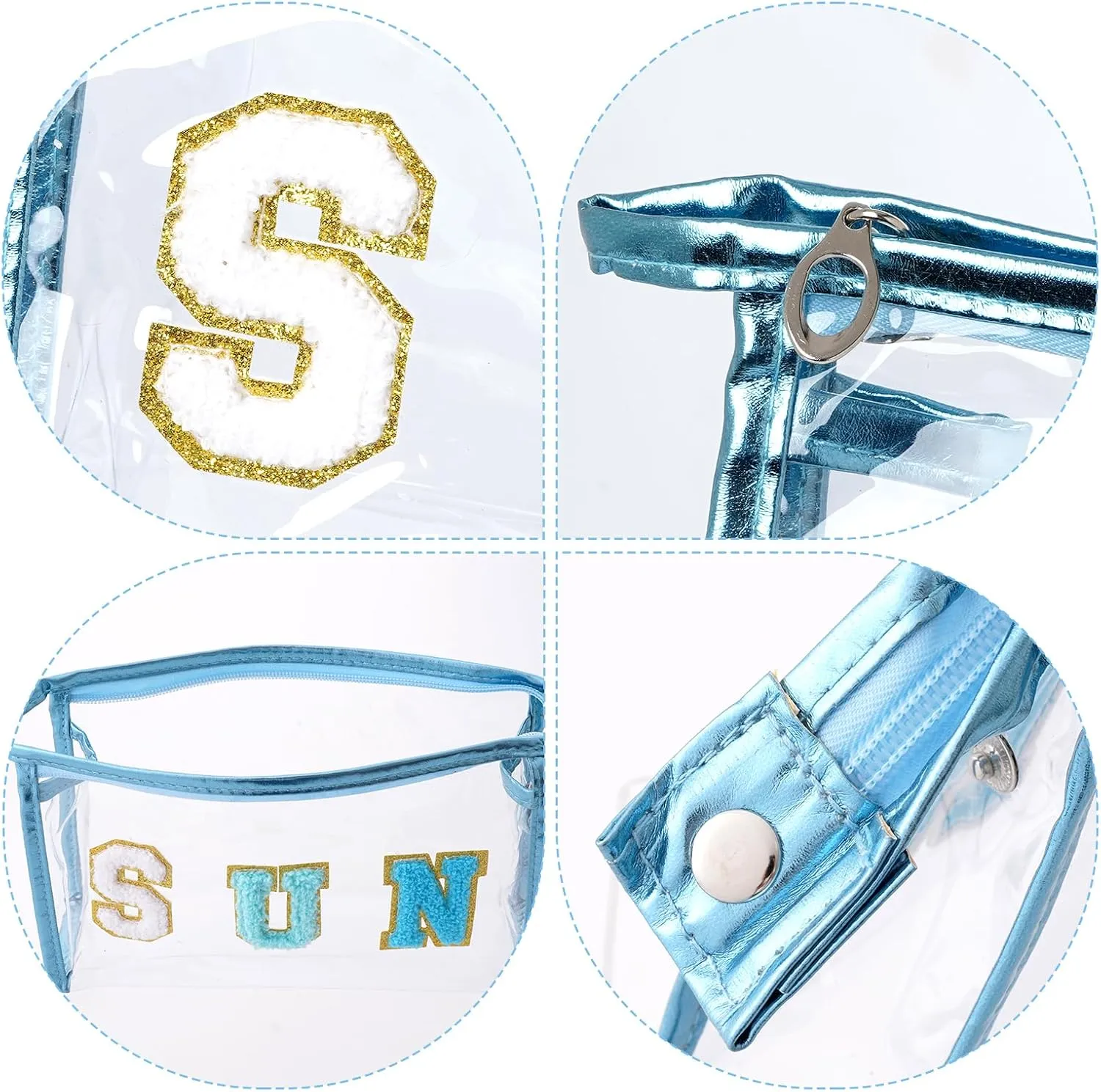 Clear Preppy Patch Cosmetic Bag, Sun Chenille Letter Bag for Beach, Clear Travel Pouch with Zipper, Small Toiletry Bag for Women Girls Teens Gift (Blue)