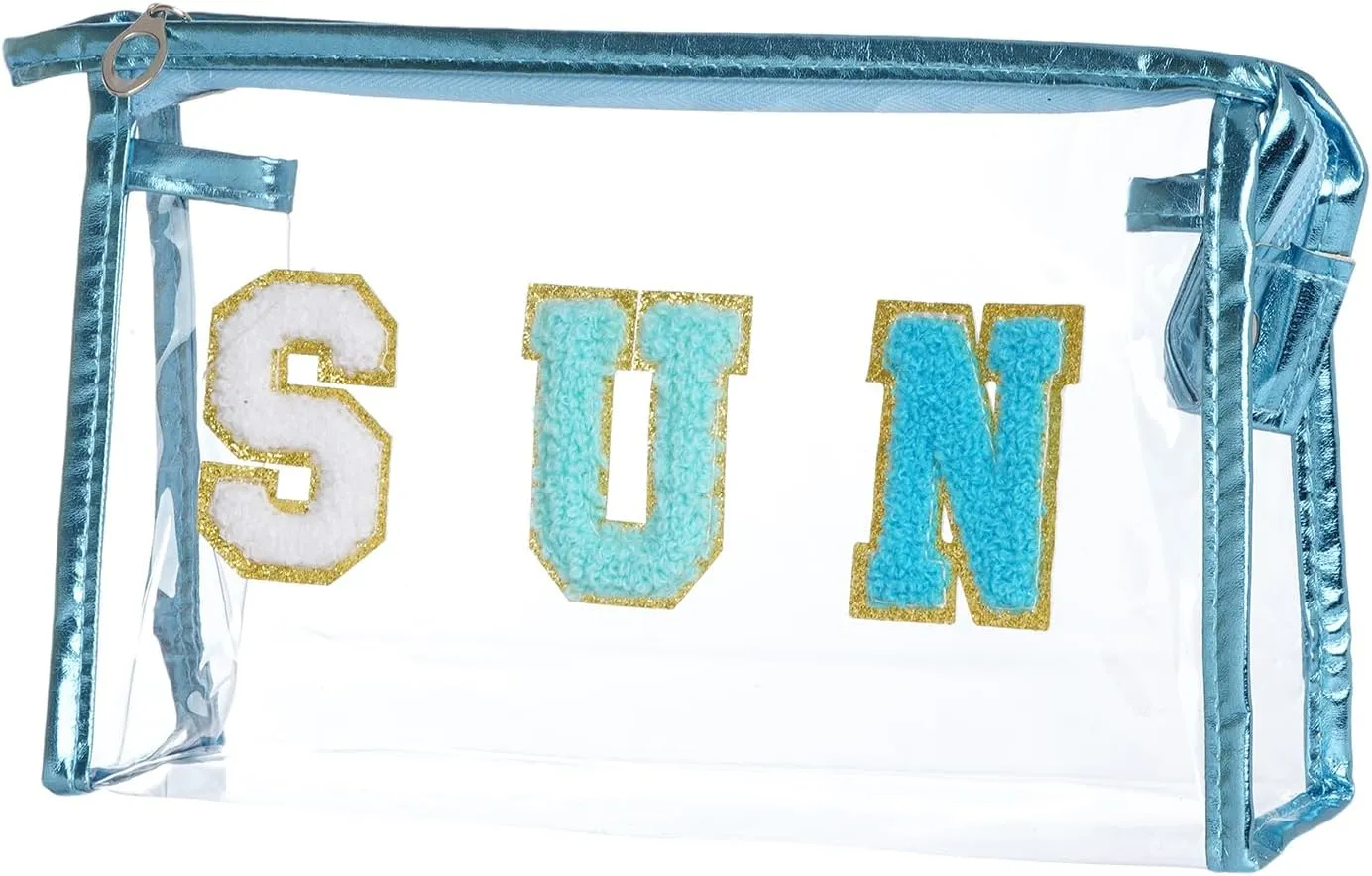 Clear Preppy Patch Cosmetic Bag, Sun Chenille Letter Bag for Beach, Clear Travel Pouch with Zipper, Small Toiletry Bag for Women Girls Teens Gift (Blue)