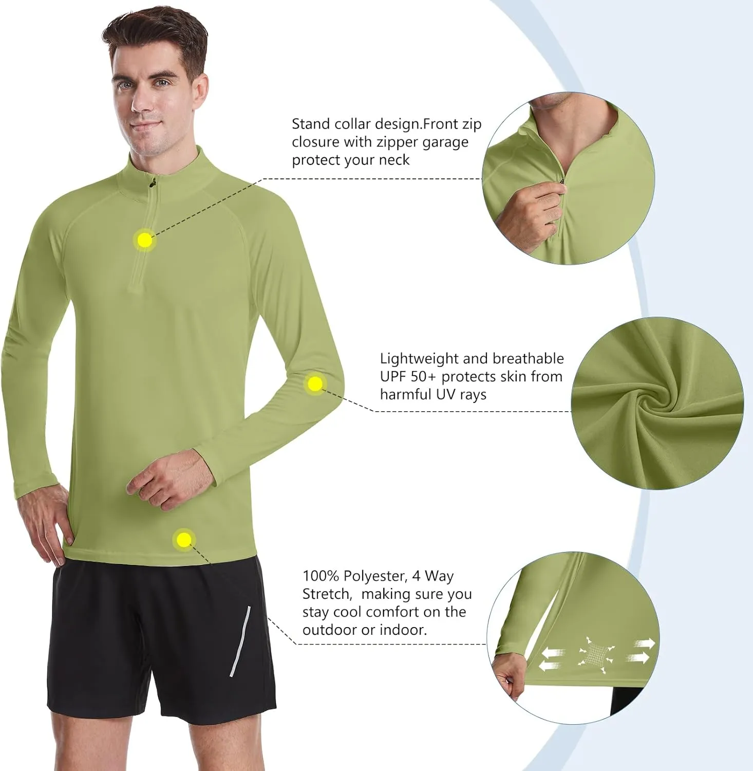 DAYOUNG Mens Zip Pullover UPF 50  Sun Protection Long Sleeve Hiking Fishing Outdoors Performance T-Shirt