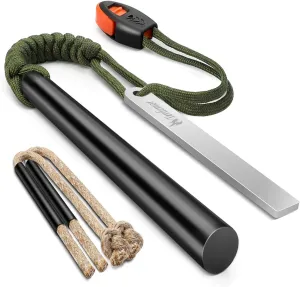 Ferro Rod Fire Starter Kit with 5 Inch Flint and Steel, Two 12 Inch Wax-Impregnated Tinders, 50 Inch 7-Core Paracord for Camping, Hiking, Boy Scouts, and Emergency Preparedness