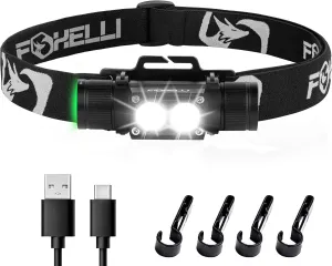 Foxelli Ultra Bright Rechargeable Headlamp  18650 Battery, IPX7 Waterproof, 1200 Lumen LED Light for Work & Outdoors, with Battery & Hooks - Perfect for Hard Hat or Helmet