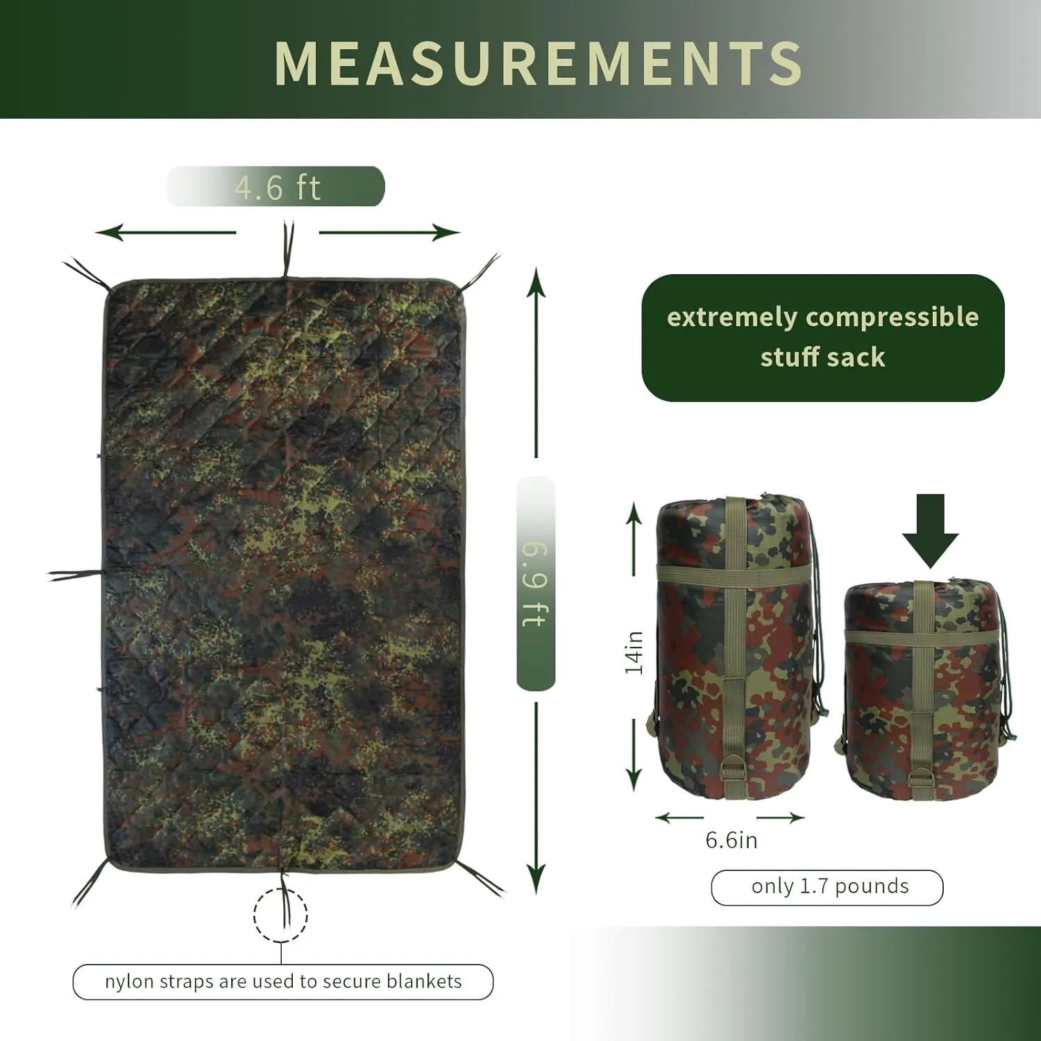 GRVCN Military Blanket - Camping Sleeping Bag with Zipper, Poncho Liner Thermal Insulated Blanket, Lightweight Portable Outdoor Hiking Survival Compression Carry Bag