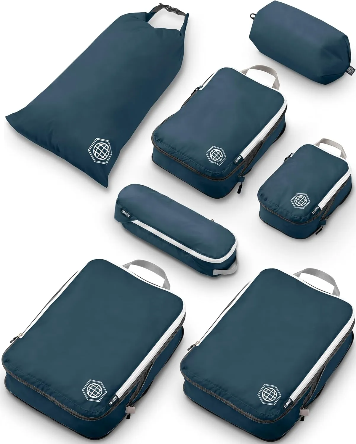 Large Compression Packing Cubes for Travel-Packing Cube Luggage Organizers 7 Piece Set for Checked Luggage-Ultralight, Expandable/Compression Bags by TRIPPED Travel Gear (Navy/White)