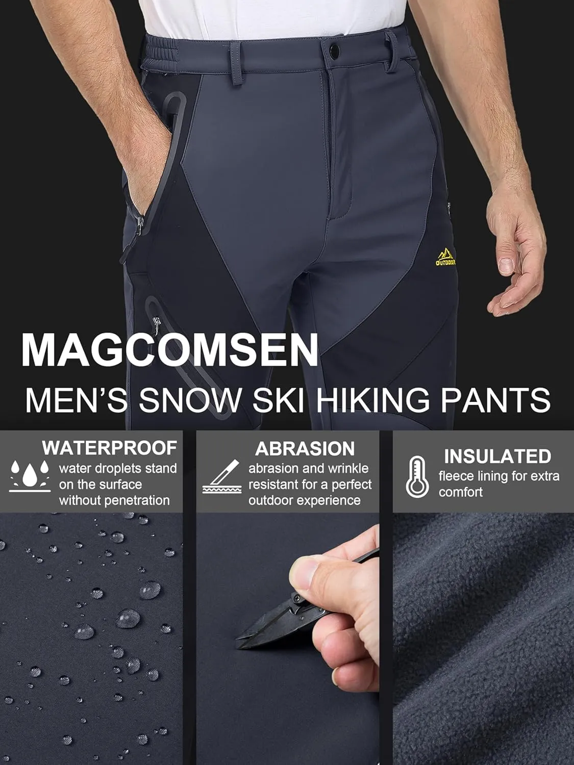 MAGCOMSEN Men's Winter Pants Snow Pants Fleece Lined Water Resistant 4 Zip Pockets Skiing Pants