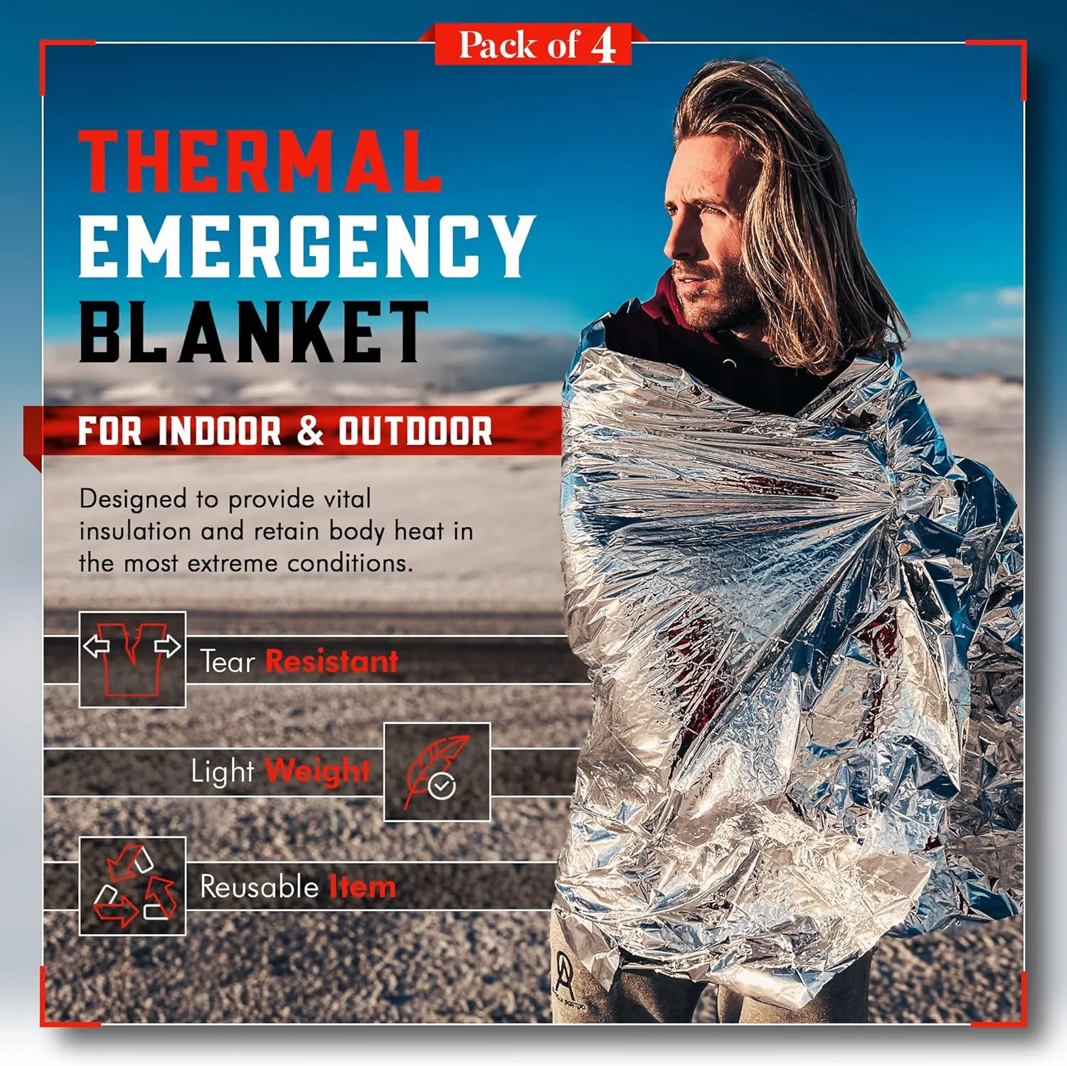 Mart Cobra Emergency Blanket 4-Pack Space Mylar Blankets Survival Gear and Supplies Reusable Thermal Camping Essentials First Aid Car Emergency Kit Prepper Bug Out Bag Foil Warm Cat Cold Snow Winter