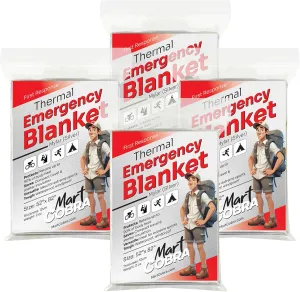 Mart Cobra Emergency Blanket 4-Pack Space Mylar Blankets Survival Gear and Supplies Reusable Thermal Camping Essentials First Aid Car Emergency Kit Prepper Bug Out Bag Foil Warm Cat Cold Snow Winter