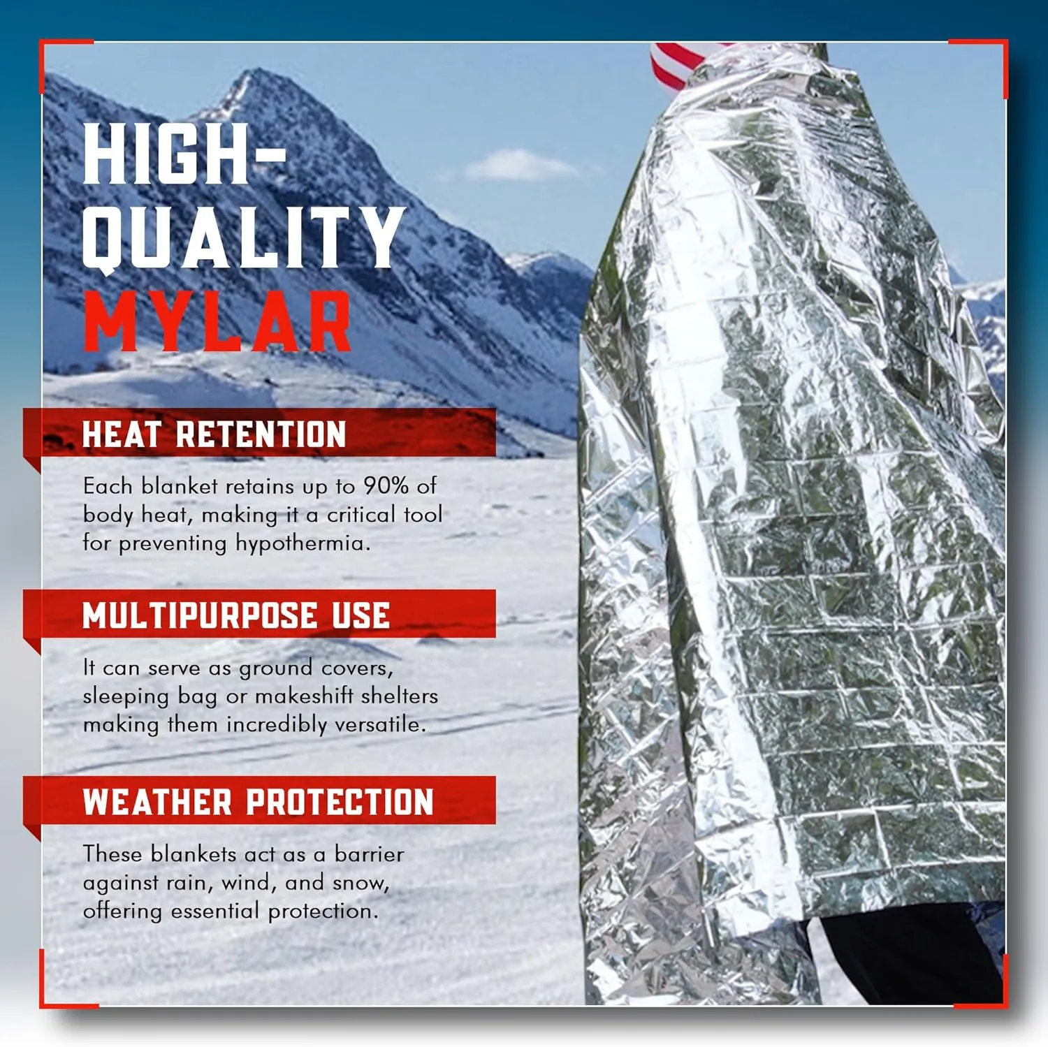 Mart Cobra Emergency Blanket 4-Pack Space Mylar Blankets Survival Gear and Supplies Reusable Thermal Camping Essentials First Aid Car Emergency Kit Prepper Bug Out Bag Foil Warm Cat Cold Snow Winter