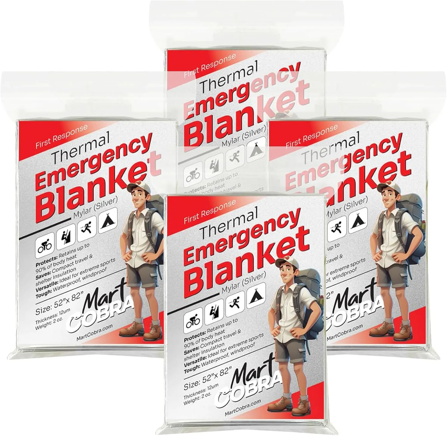 Mart Cobra Emergency Blanket 4-Pack Space Mylar Blankets Survival Gear and Supplies Reusable Thermal Camping Essentials First Aid Car Emergency Kit Prepper Bug Out Bag Foil Warm Cat Cold Snow Winter