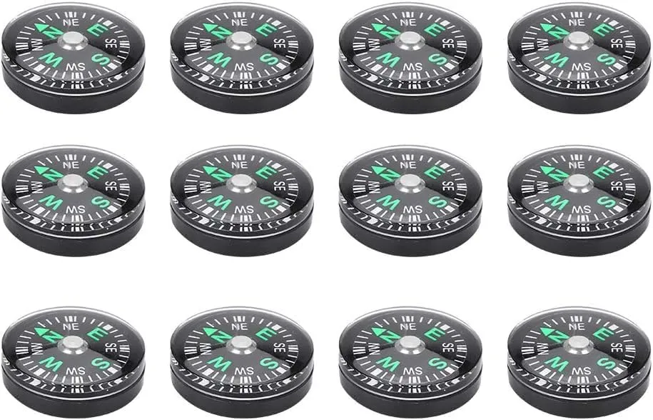 Mini Compass Set, 20mm Oil Filled, 12 Pack, Black, for Hiking and Camping
