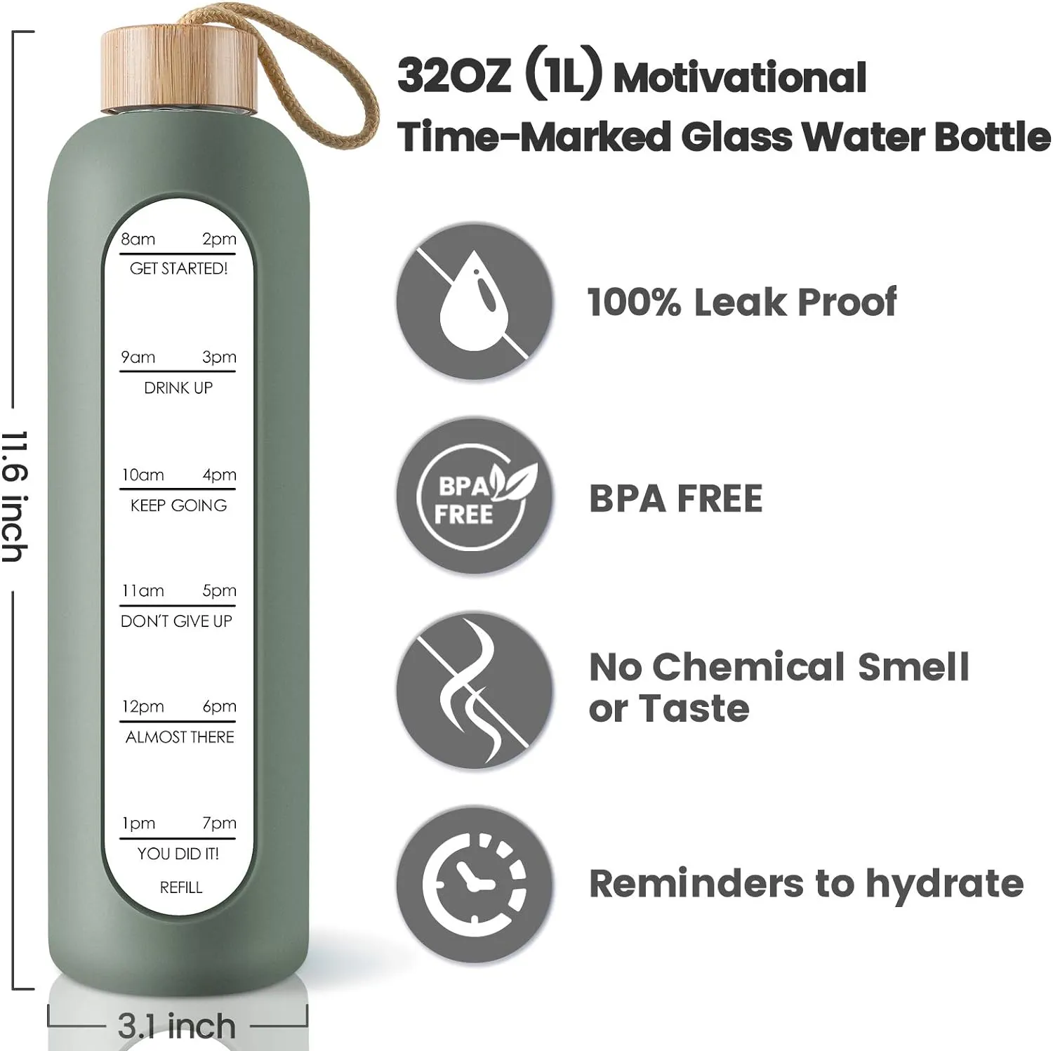 PROBTTL Borosilicate Glass Water Bottle with Time Marker Reminder Quotes, 1 Liter Leak Proof Reusable BPA Free Motivational Water Bottles with Silicone Sleeve and Bamboo Lid