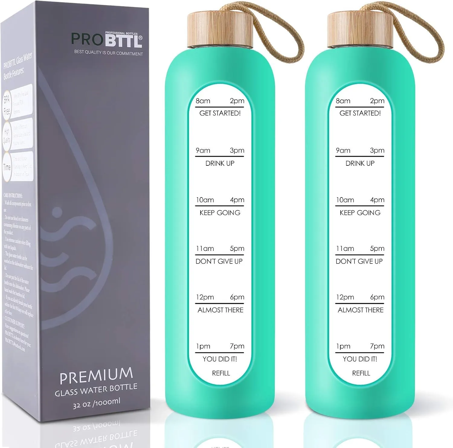 PROBTTL Borosilicate Glass Water Bottle with Time Marker Reminder Quotes, 1 Liter Leak Proof Reusable BPA Free Motivational Water Bottles with Silicone Sleeve and Bamboo Lid