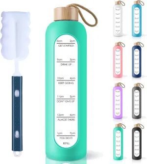 PROBTTL Borosilicate Glass Water Bottle with Time Marker Reminder Quotes, 1 Liter Leak Proof Reusable BPA Free Motivational Water Bottles with Silicone Sleeve and Bamboo Lid