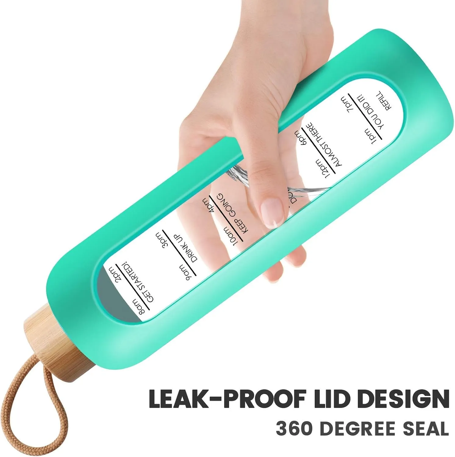 PROBTTL Borosilicate Glass Water Bottle with Time Marker Reminder Quotes, 1 Liter Leak Proof Reusable BPA Free Motivational Water Bottles with Silicone Sleeve and Bamboo Lid