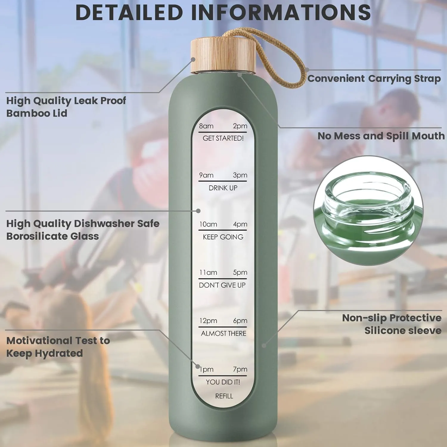 PROBTTL Borosilicate Glass Water Bottle with Time Marker Reminder Quotes, 1 Liter Leak Proof Reusable BPA Free Motivational Water Bottles with Silicone Sleeve and Bamboo Lid