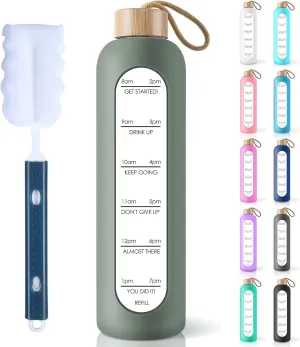 PROBTTL Borosilicate Glass Water Bottle with Time Marker Reminder Quotes, 1 Liter Leak Proof Reusable BPA Free Motivational Water Bottles with Silicone Sleeve and Bamboo Lid