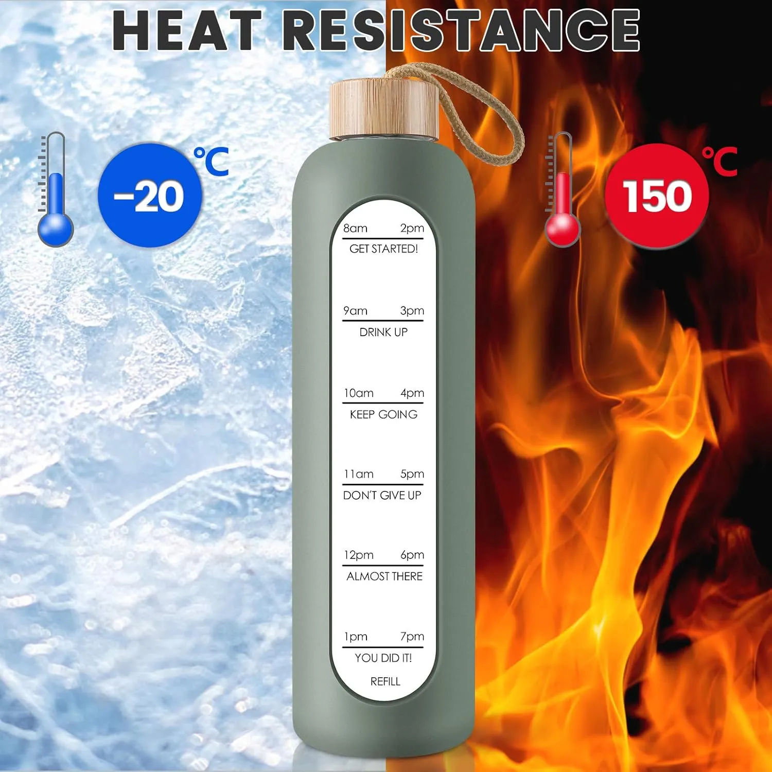 PROBTTL Borosilicate Glass Water Bottle with Time Marker Reminder Quotes, 1 Liter Leak Proof Reusable BPA Free Motivational Water Bottles with Silicone Sleeve and Bamboo Lid