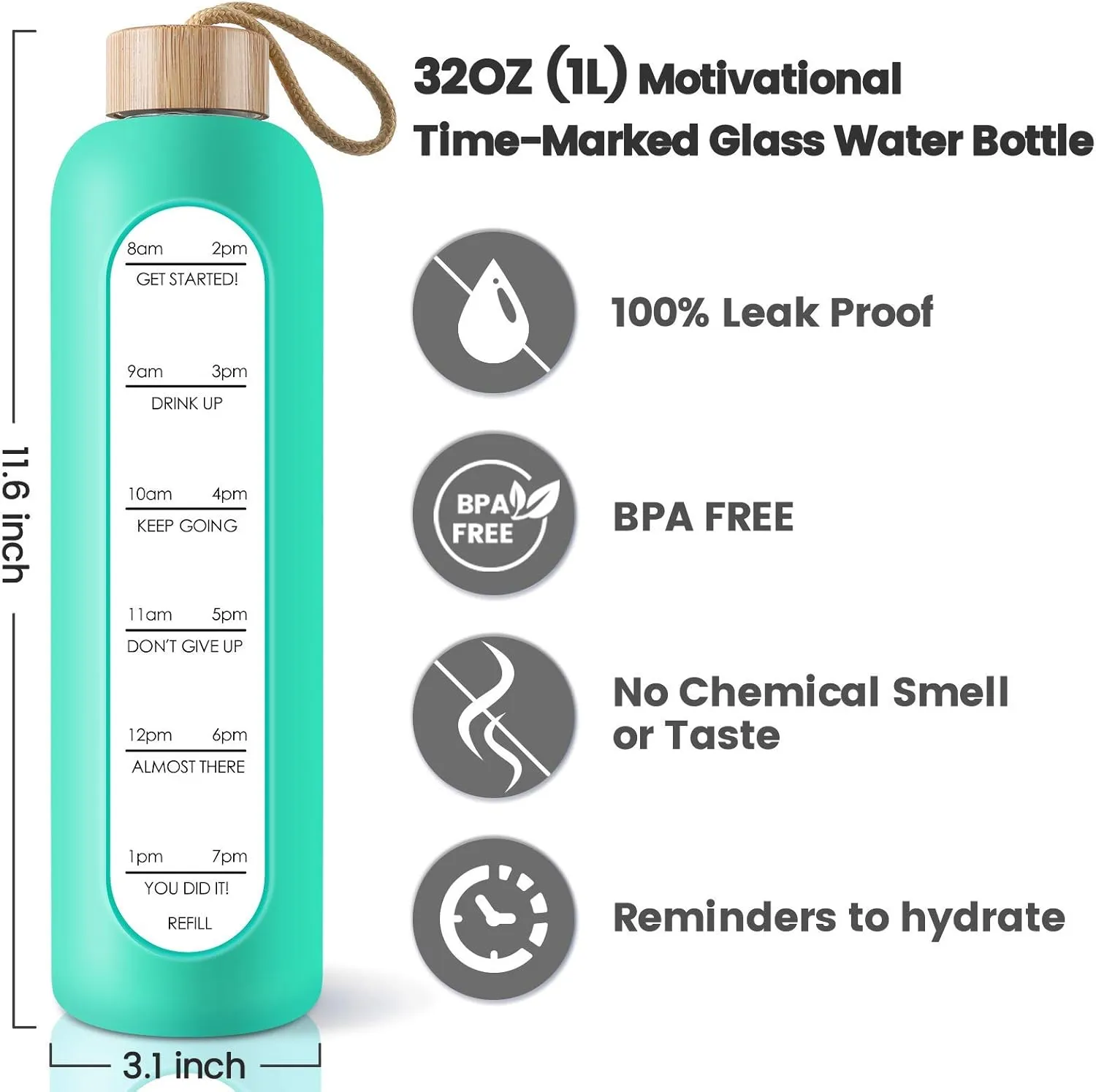 PROBTTL Borosilicate Glass Water Bottle with Time Marker Reminder Quotes, 1 Liter Leak Proof Reusable BPA Free Motivational Water Bottles with Silicone Sleeve and Bamboo Lid