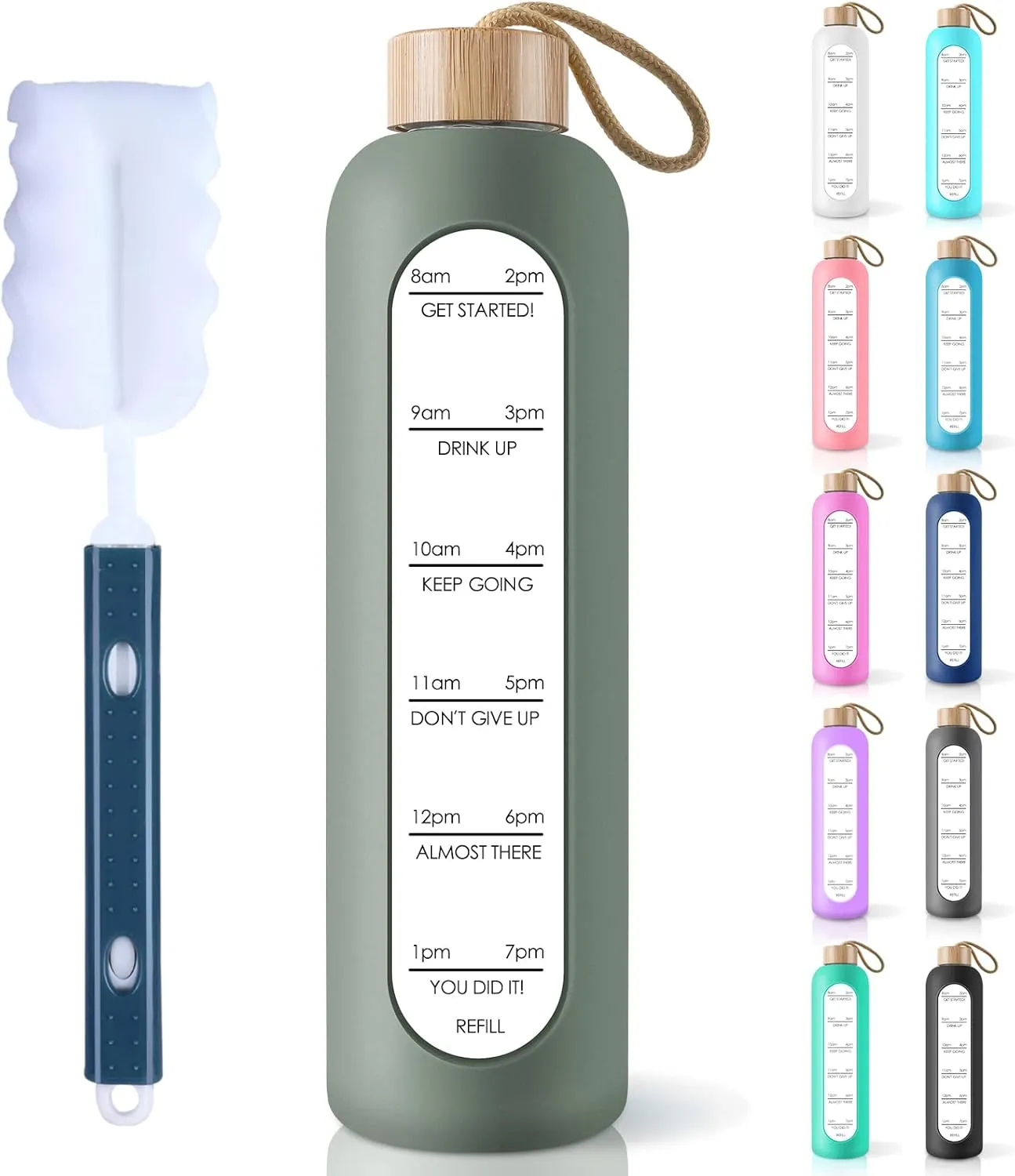 PROBTTL Borosilicate Glass Water Bottle with Time Marker Reminder Quotes, 1 Liter Leak Proof Reusable BPA Free Motivational Water Bottles with Silicone Sleeve and Bamboo Lid