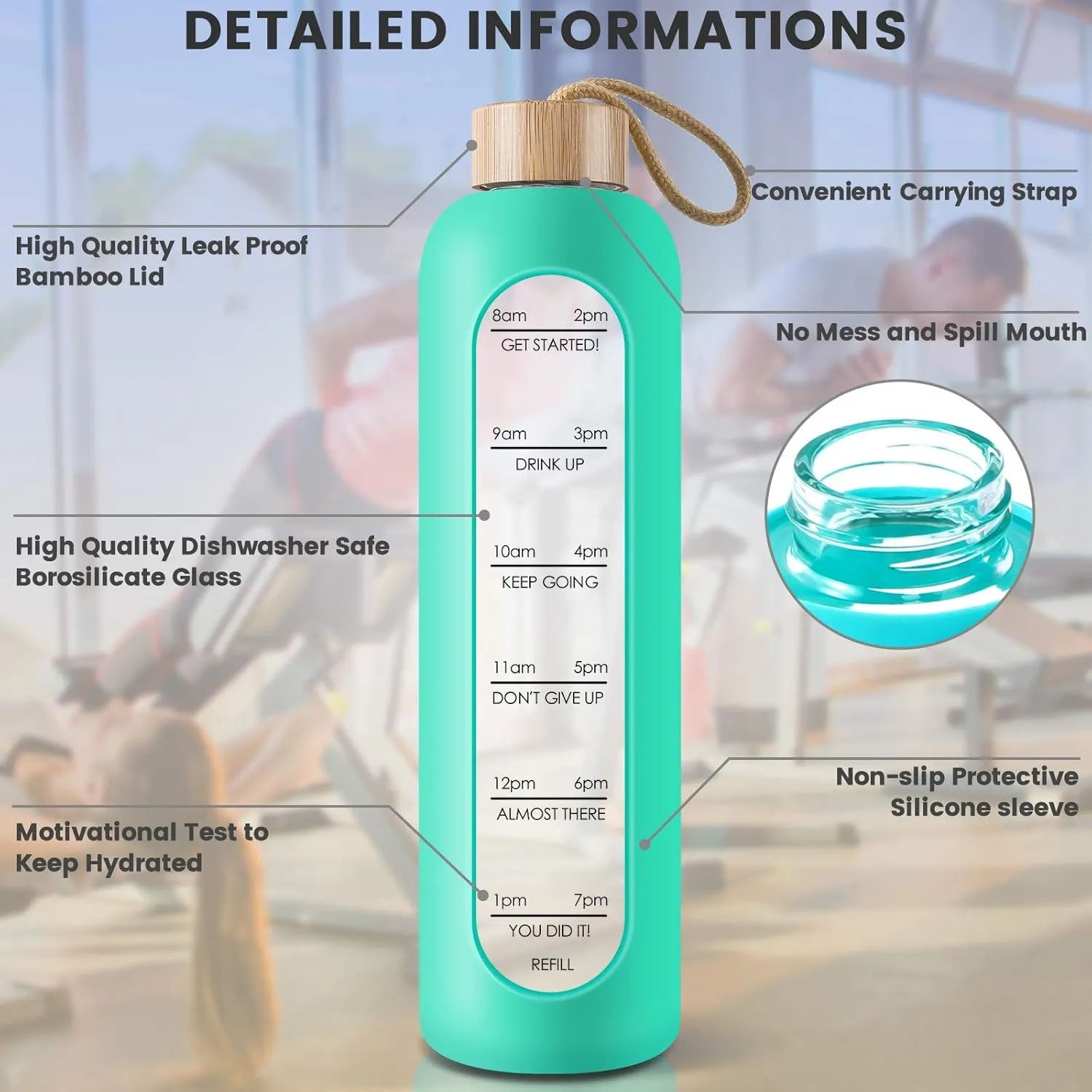 PROBTTL Borosilicate Glass Water Bottle with Time Marker Reminder Quotes, 1 Liter Leak Proof Reusable BPA Free Motivational Water Bottles with Silicone Sleeve and Bamboo Lid