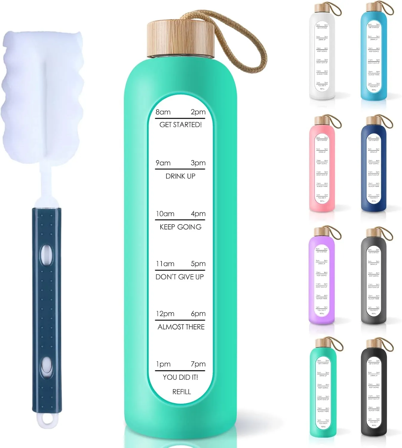 PROBTTL Borosilicate Glass Water Bottle with Time Marker Reminder Quotes, 1 Liter Leak Proof Reusable BPA Free Motivational Water Bottles with Silicone Sleeve and Bamboo Lid