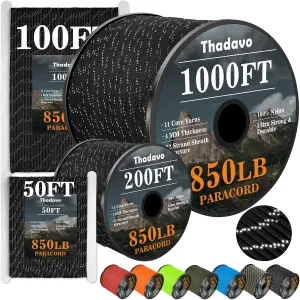 Reflective Paracord Rope 850Ib, 50/100/200/500/1000ft 4MM 11 Strand para Cords Lanyard Utility Parachute Cord for Tent Camping Fishing Survival Tactical Clothesline DIY Projects, Black 200FT
