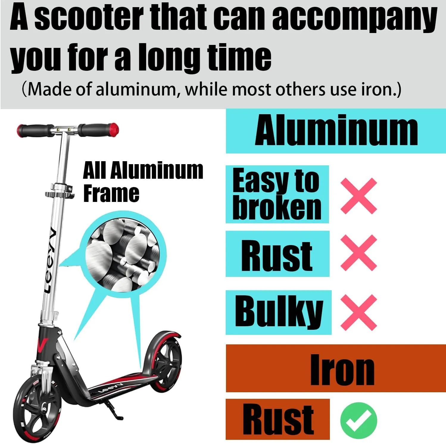 Scooter for Kids 6-12 & Adults | Holds Up to 240lbs, Foldable, Lightweight Aluminum Frame | Adjustable Height | Smooth Ride on Any Terrain