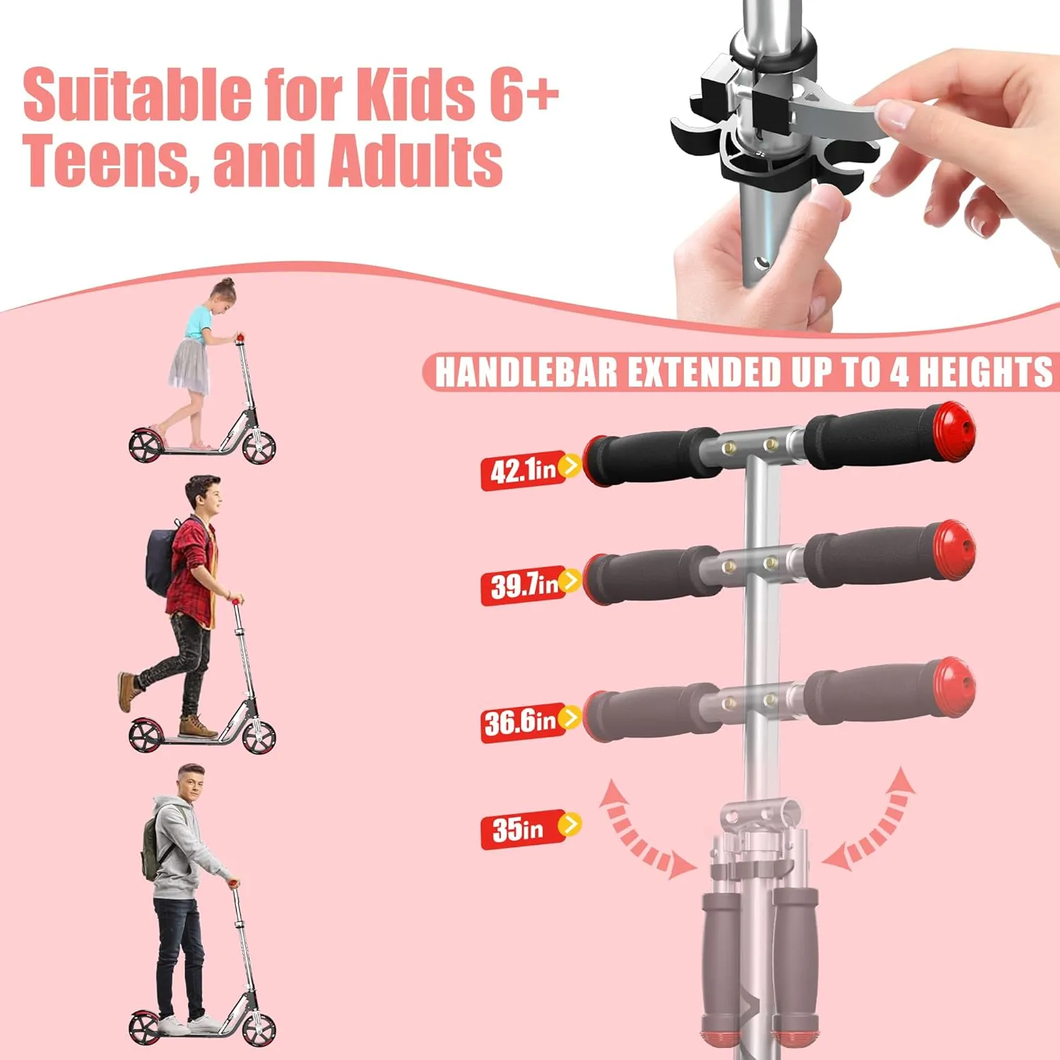 Scooter for Kids 6-12 & Adults | Holds Up to 240lbs, Foldable, Lightweight Aluminum Frame | Adjustable Height | Smooth Ride on Any Terrain