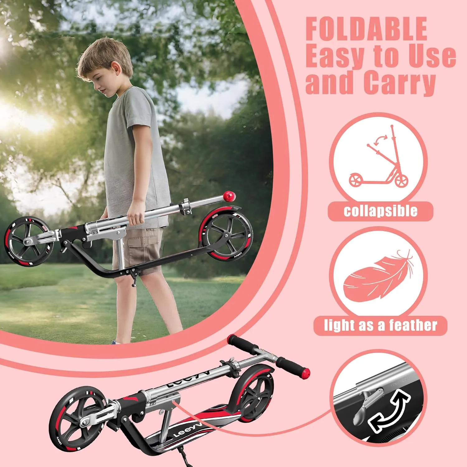 Scooter for Kids 6-12 & Adults | Holds Up to 240lbs, Foldable, Lightweight Aluminum Frame | Adjustable Height | Smooth Ride on Any Terrain