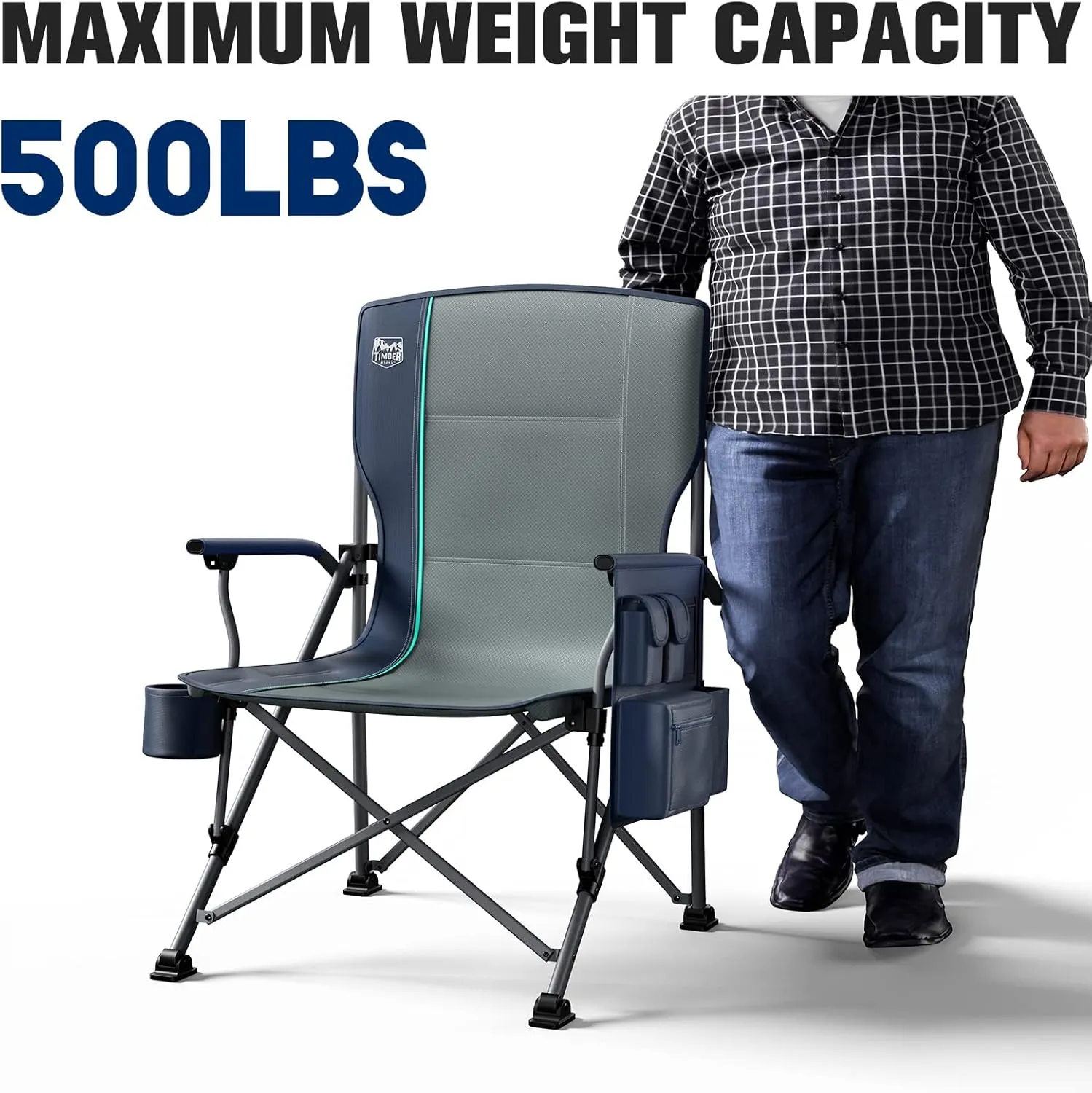 TIMBER RIDGE Oversized Folding Camping Chair High Back Heavy Duty for Adults Support up to 500lbs with Cup Holder, Side Pocket Cooler Bag