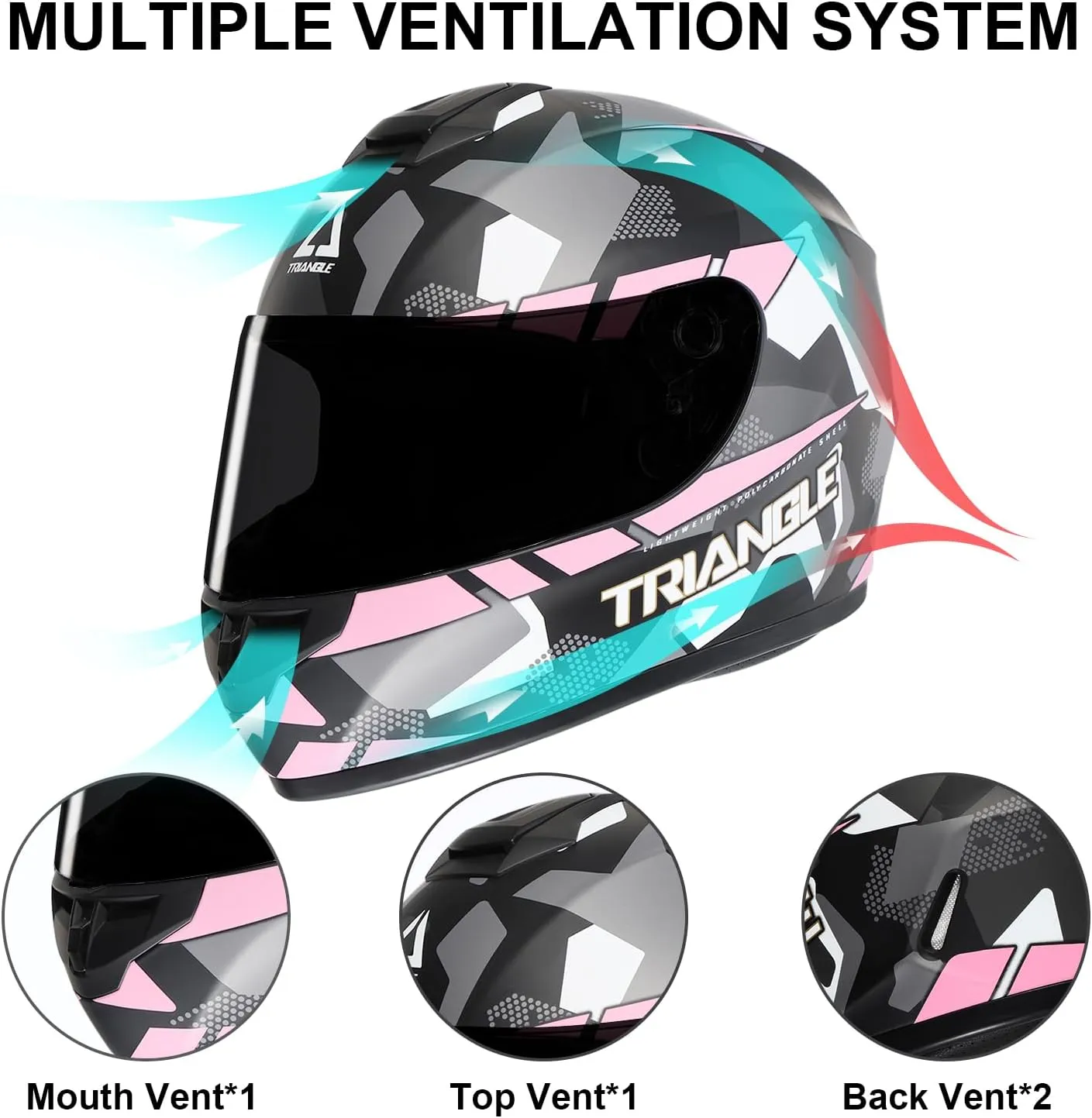 TRIANGLE Motorcycle Helmets Full Face Helmet for Adult Men Women with Tinted and Clear Visor DOT Approved (Pink, Small)