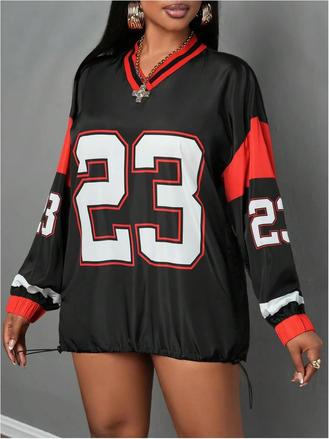 Women's Letter Print Shirts Adjustable Hem Striped V Neck Long Sleeve Pullover Tops Streetwear