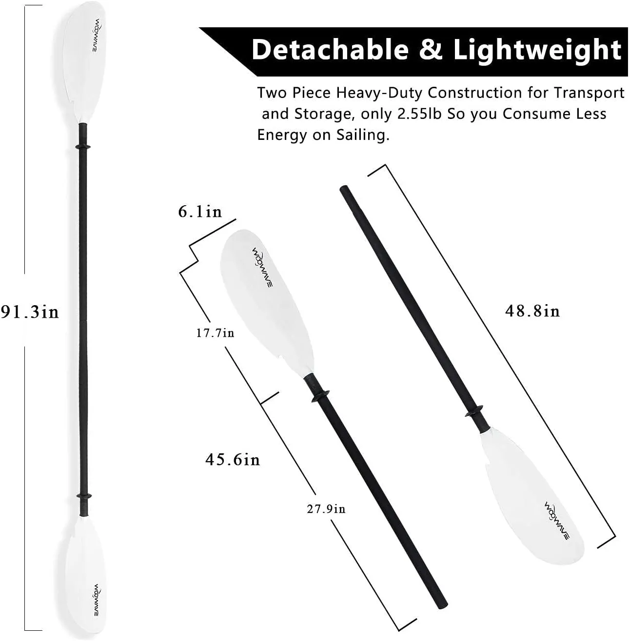 WOOWAVE Kayak Paddles Adjustable 91.3 inch/231cm Aluminum Shaft and Reinforced Fiberglass Blades,Lightweight Kayak Paddle for Kayaking Boating Oar with a Premium Paddle Leash